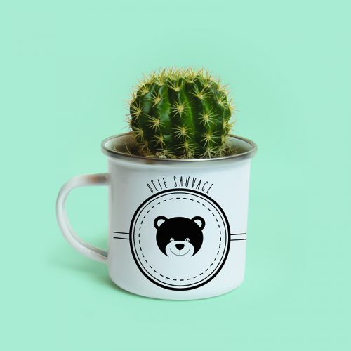 Mug en métal émaillé avec un petit ours, servant de cache pot pour un cactus